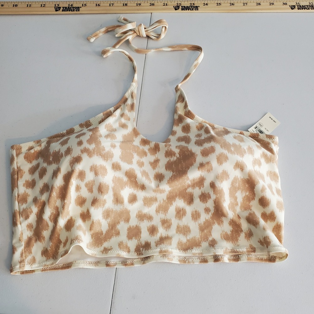 NWT Aerie RealGood Bandeau Longline Halter Bikini Top XL Tan Animal Print Ribbed - Picture 2 of 10